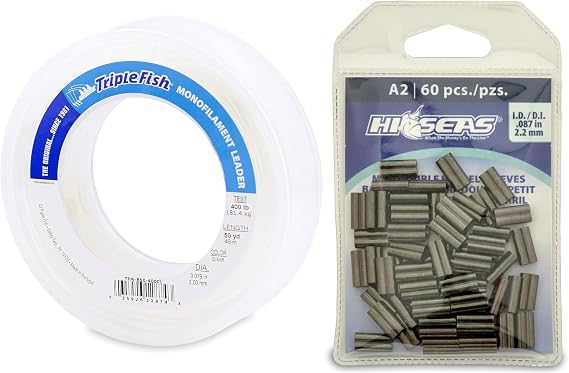 Triple Fish Fishing Bundle: 400 lb Monofilament Leader (50 yd), 60 HI-SEAS Mini Double Barrel Copper Sleeves (2.2 mm ID), Black