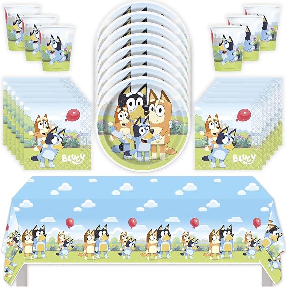 Unique Bluey Party Decorations - Bluey Birthday Party Supplies & Decor for Boys' & Girls' Themed Celebrations - Complete Tableware Set with Plates, Cups, Napkins, Table Cover & Sticker for 16 Guests