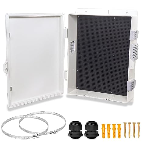 Electrical Junction Box, Outdoor Water Resistant Nema Enclosure, Ventilated ABS Plastic WiFi Project Box with Internal Mounting Panel & Hinged Cover 13" Lx 9.2" Wx 3.7" H