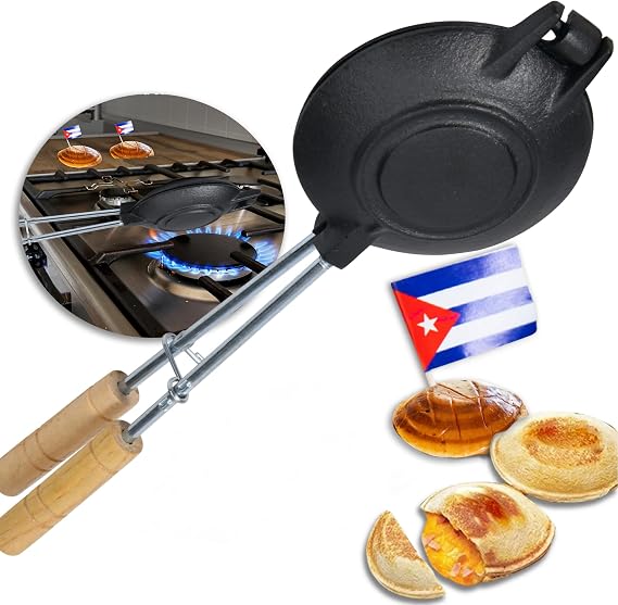 Disquera de Pan Cubano Redondo (1 Unit) Cast Iron Cuban Sandwich Press for Disco Volador Para Sandwich 15 Traditional Sandwich Maker with Wooden Handles