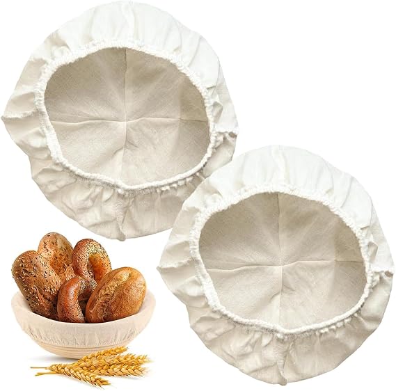 2Pcs Round Proofing Basket Cloth Liner, Cotton Linen Bread Basket Fabric Insert for Banneton & Sourdough Fermentation Baking Tool
