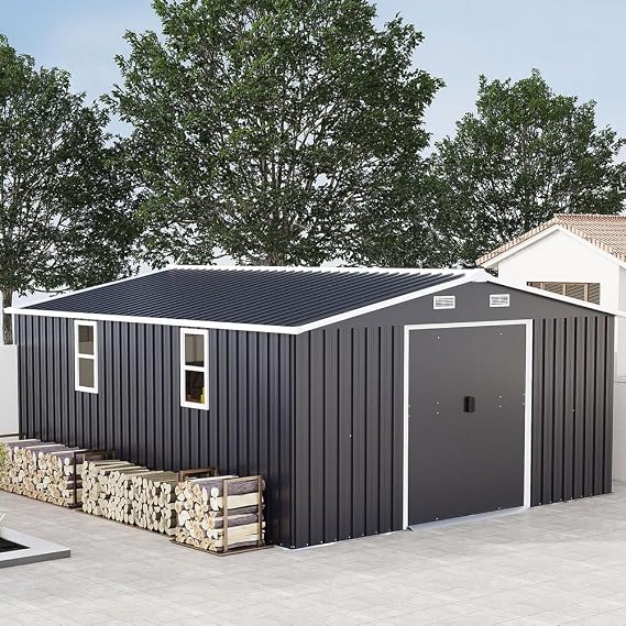 10x12 FT Outdoor Storage Shed, Extra Large Metal Garden Shed with Lockable Doors, Windows & Air Vents, Heavy-Duty Steel Backyard Utility Shed for Tools, Lawn Equipment, Motorcycles, Bikes, Patio,Gray