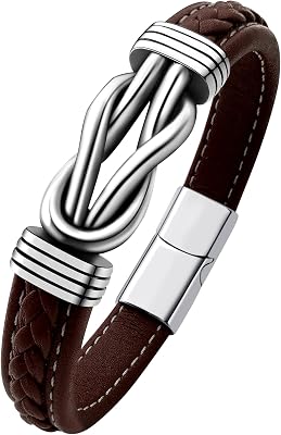 Mens Black Braided Leather Bracelet, GreenRedBrownBlack Braided Leather Infinity Knot Bracelets for Men with Stainless Steel Clasp, 7.58.59in Length