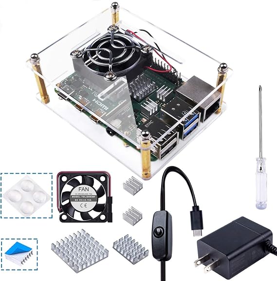 Smraza Case for Raspberry Pi 4, Acrylic Case with Cooling Fan, Heatsinks Compatible with Raspberry Pi 4 Model B, for Raspberry pi 3 B+/ 3B/ 2B Clear (Big Fan(35mm) with Power Supply)