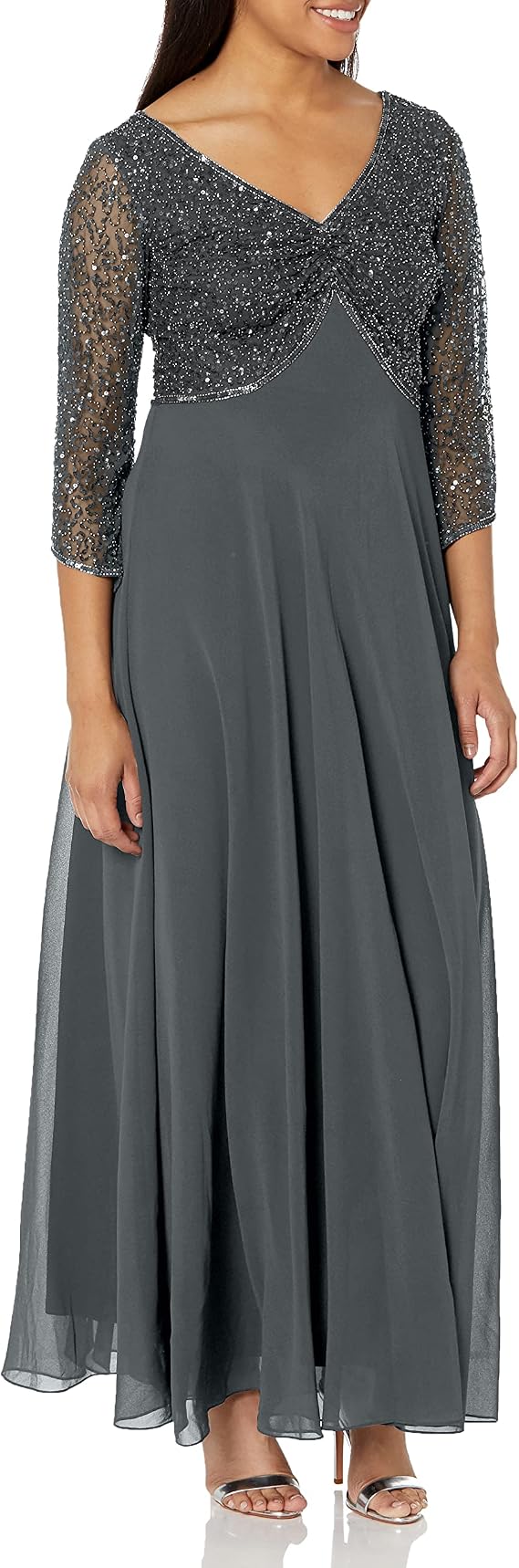 J Kara Women's Petite 3/4 Sleeve V-Neck Beaded Top Long Gown