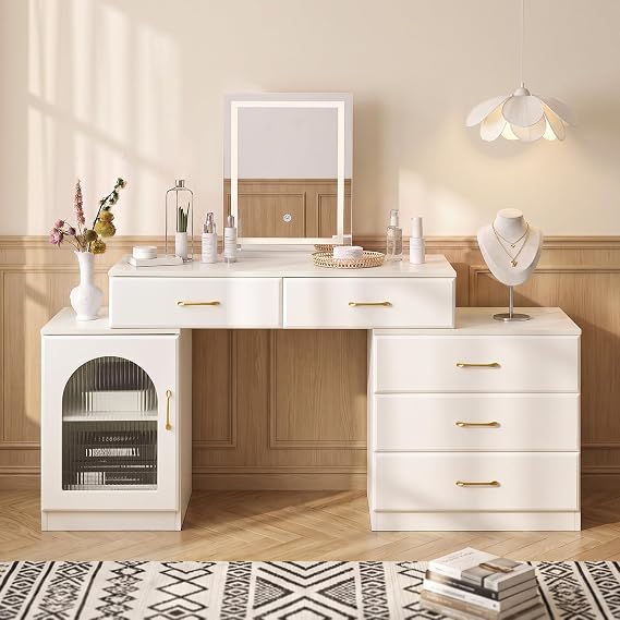 TUKAILAi White Dressing Table with LED Light Mirror, 5 Drawers