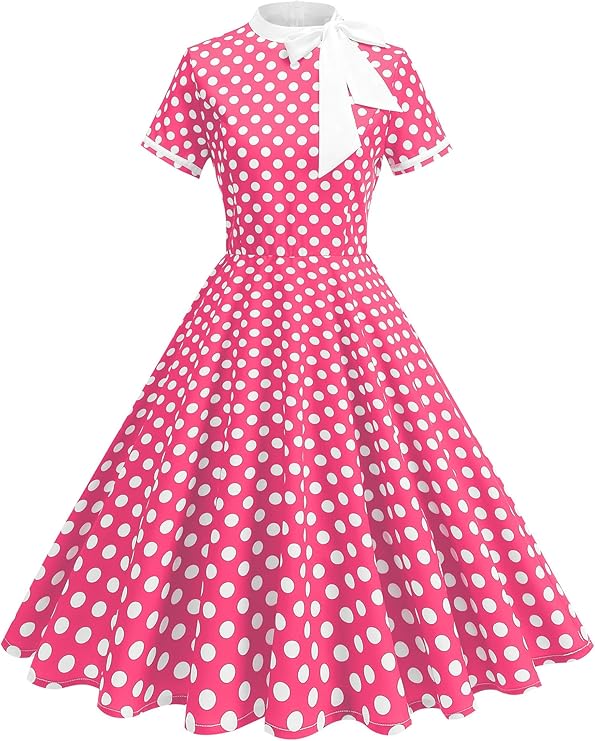 IKADEX Women's Vintage Polka Dot Dress 1950s Tie Neck Retro Short Sleeve Cocktail Swing A-Line Summer Dresses