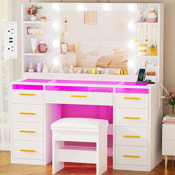ANWBROAD Large Vanity Desk with Mirror and Lights & Transparent Glass Top | 3 Colors Makeup Vanity Table Set with 9 RGB Drawers, Power Outlet,White Vanity Stool and 4 Shelves for Bedroom Women UBDT94W