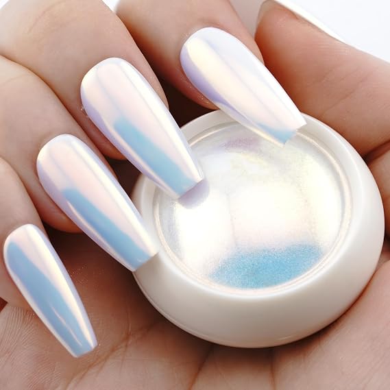 Aurora Chrome Nail Powder 0.5g Mermaid Color Shift Glitter Mirror Effect for Nail Art Decoration Pearl White Pigment Dust with Nail Applicator
