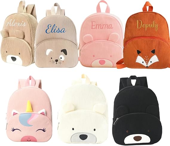 Custom Kids Corduroy Backpack - with Embroidered Name, Customize Backpack Monogram Book Bag for Toddlers and Kids Back to School Gift, Cute Animal Style