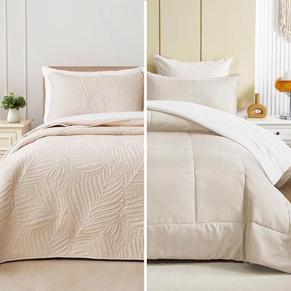 Exclusivo Mezcla Ultrasonic Leaf Pattern Full Queen Quilt Bedding Set and Lightweight Reversible Queen Comforter Set Bundle