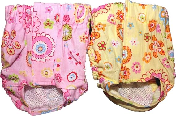 Set - 2 Colors 100% Cotton for Small Pets Dogs Cats Female Diaper Sanitary Pant Hook and Loop with Sunflower Design (S: Waist 8" - 12")