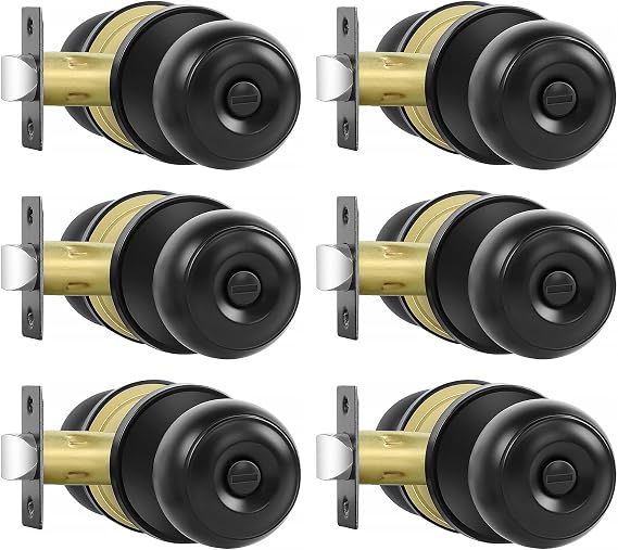 RAZCC Privacy Door Knobs, 6 Pack Matte Black Door Knobs with Lock, Bed and Bath Door Knob Interior Keyless Locksets, Round Door Handles Reversible for Left Right Handed Doors