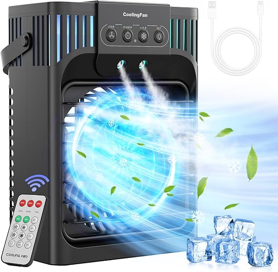 1200Ml Portable Air Conditioner Cooling Fan, Mini Air Conditioning Unit with Remote,Quiet 3 Wind Speeds & Cool Mist, 2-8H Timer & 7 LED Light, Personal Air Cooler Fan for Room,Home,Office(10w) [Energy Class A]