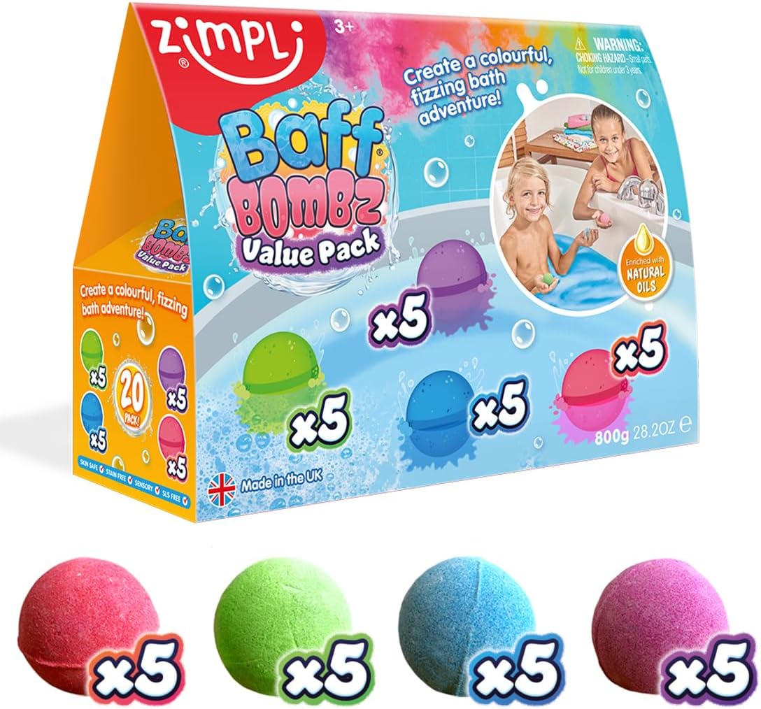 ZIMPLI - 20 x Baff Bombz, Kids Bath Bombs Gift Set, Bubble Bath Fizzers, Birthday Toy for 4 plus year old boys & girls