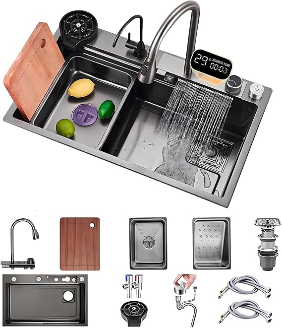 75 x 50 cm Multifunctional Stainless Steel Kitchen Sink, Deep Waterfall Bar Sink, 1 Basin Countertop Sink for Home Use, Glass Washer and Drain Baskets