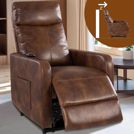 Zero wall Power Recliner Chairs, Small Recliner for Small Spaces and Petite People man Woman (1, Light Brown Faux Leather)