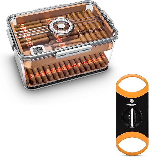 Clear Acrylic Cigar Humidor with Humidifier&Hygrometer&Moisturising Jar,Stainless Steel V-Cut Cigar Cutter