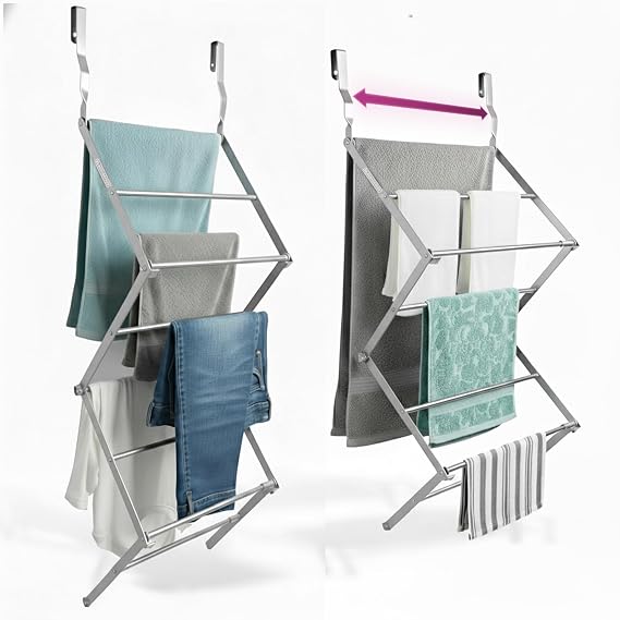 BLACK+DECKER Over The Door Expandable Telescopic Drying Rack, Clothes Organizer, Towel Hanger, Laundry, Collapsible, Silver