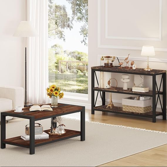 BON AUGURE Industrial Console Table Behind Sofa and Rustic Coffee Table for Living Room, Wood and Metal Furniture Set for Home