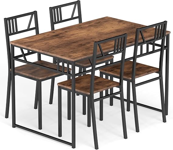 COSTWAY Dining Table and Chairs Set 4, Wood Effect Rectangular Kitchen Table and 4 Chairs with Curved Back, Metal Frame Space Saving Home Dining Room Furniture Set (Brown)