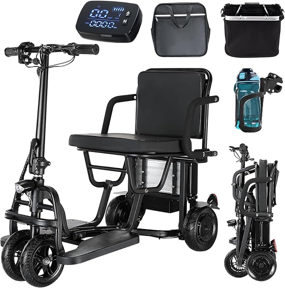 New Upgrade Folding Mobility Scooters for Adults, 9.32mph 4 Wheel Ultra Lightweight Travel Mobility Scooters, Foldable Portable Power Scooters for Seniors, with Basket & Cup Holde, Dust Cover