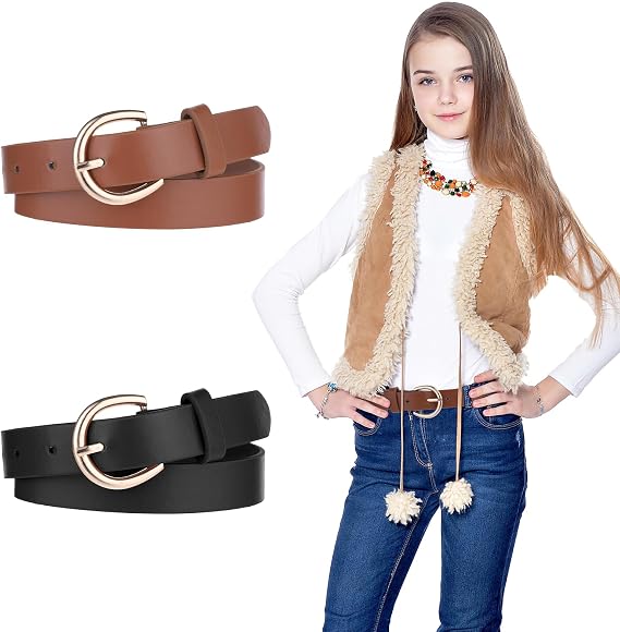 Molain 2 Pack Girls Belt, 32.3 Inch Kids Elastic Belt PU Leather Waist Belt with Double O Ring Buckle for Dress Pants Jeans