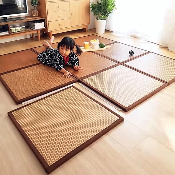 Tatami Floor Mat Crawling Mat Foldable, Tatami Mat Rattan Japanese Futon Mattress, Japanese Futon Sleeping Mat Breathable Carpet Pad with Storage Bag for Living Room Bedroom Playroom Yoga ( Color : Br