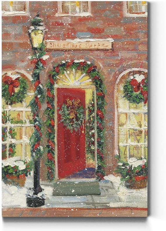 WEXFORD HOME Christmas Shop Door Wall Art, Festive Winter Decorations, Street Light, Red & Green Decor, Premium Gallery Wrapped Canvas Decor, Ready to Hang, 24 in H x 36 in W, Made in America