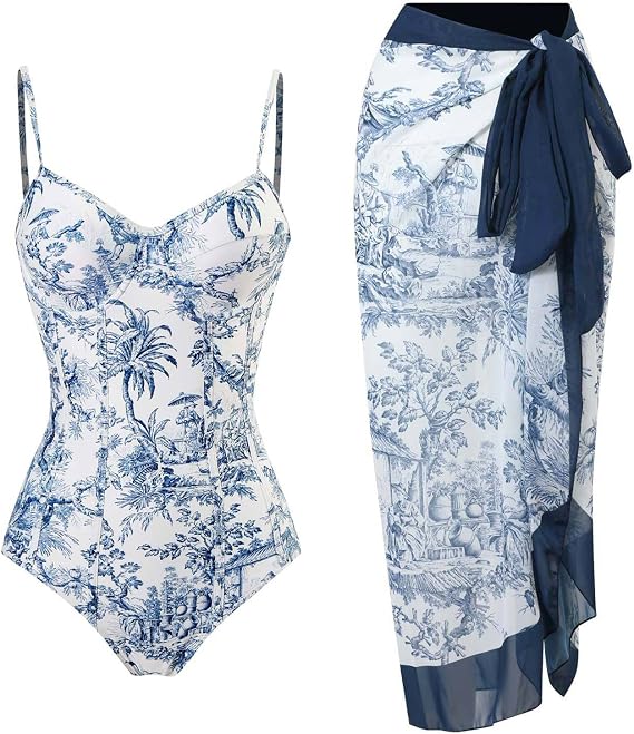 Women Swimsuit with Cover Up Vintage Swimwear Wrap Sarong Bikini Two Piece Swimsuits Tummy Control Tankini Set