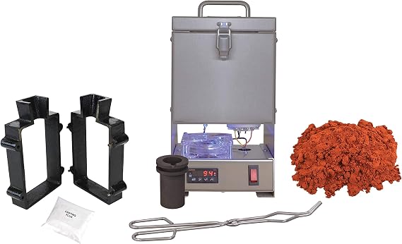 30 Oz QuikMelt Tabletop Furnace Sand Casting Set 5 Lbs Petrobond, Tongs, Crucible, Cast Iron Mold Flask Frame, Parting Powder, Flux Melt Precious Metals