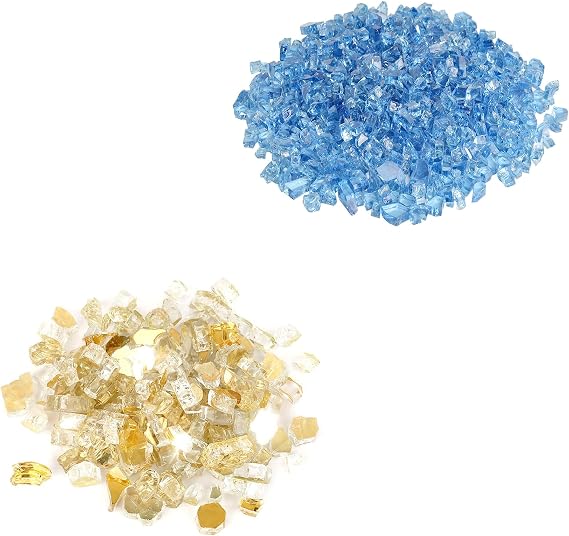 Skyflame High Luster 1/4 inch Gold Reflective Fire Glass and Pacific Blue Regular Fire Glass Fire Pit Fireplace Landscaping