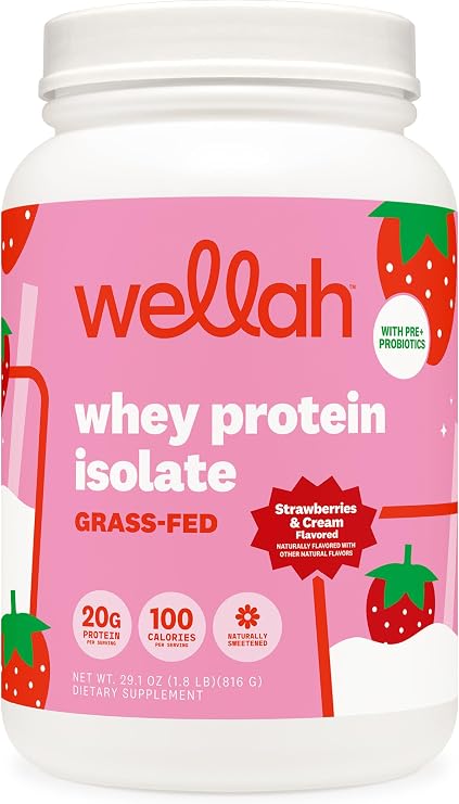 Wellah Grass-Fed Whey Protein Isolate Powder (Strawberries & Cream) 30 Serv | With Prebiotics, Enzymes & Probiotics, 20g of Protein, 100 Calories, Naturally Sweetened