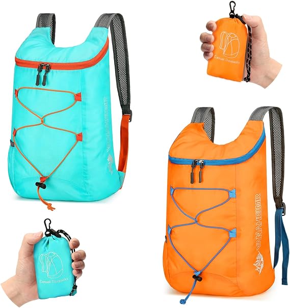2 Pcs Ultra Lightweight Backpack, Foldable Backpack Water Resistant Travel Rucksack, Multi-Functional Foldable Backpacks Womens Men For Camping, Hiking, Biking (Blue Orange)