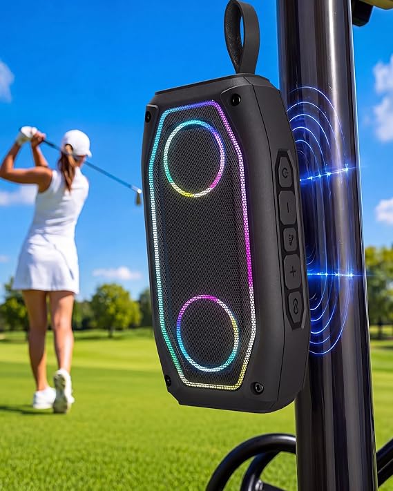 Qozybuds Magnetic Golf Speaker, 30W Portable Bluetooth 6.0 Golf Cart Speaker, IPX6 Waterproof, 30H Playtime, TWS Stereo, RGB Light, Shockproof Outdoor Speaker for Golf, Camping & Gifts