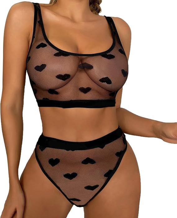 Mesh Bra and Panty Sets for Women, Sheer Sexy Lingerie for Women Heart | sheer lingerie sets for women sexy mesh see through bra and panty sets for womens lingerie ropa interior mujer ONESIZE 2-8