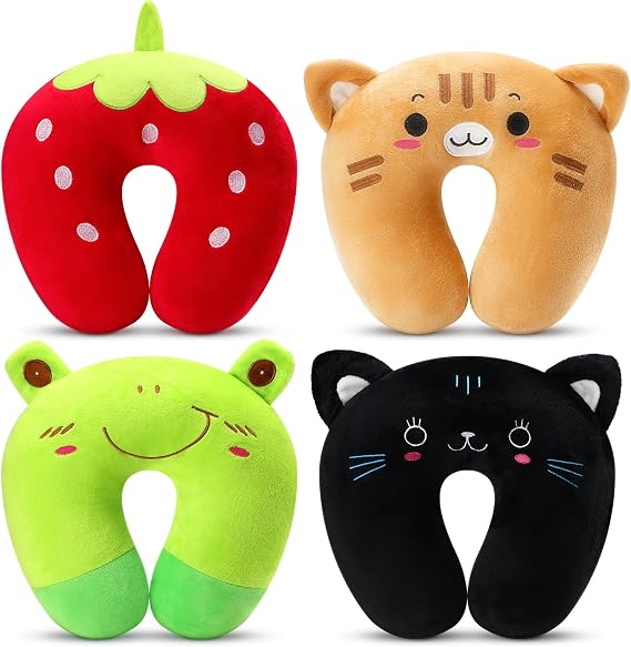 Maitys 4 Pcs Travel Pillow for Kids Cute Animal Neck Head Chin Support Pillow Soft U Shaped Kids Neck Pillow Car Seat Comfortable PP Cotton Pillow for Airplane Sleeping Children Gift