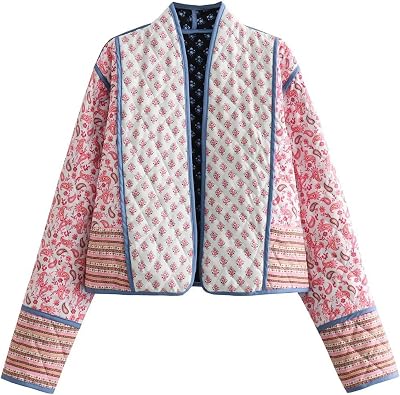 Wyeysyt Womens Cropped Puffer Quilted Jacket Cardigan Floral Printed Lightweight Long Sleeve Open Front Short Padded Coats