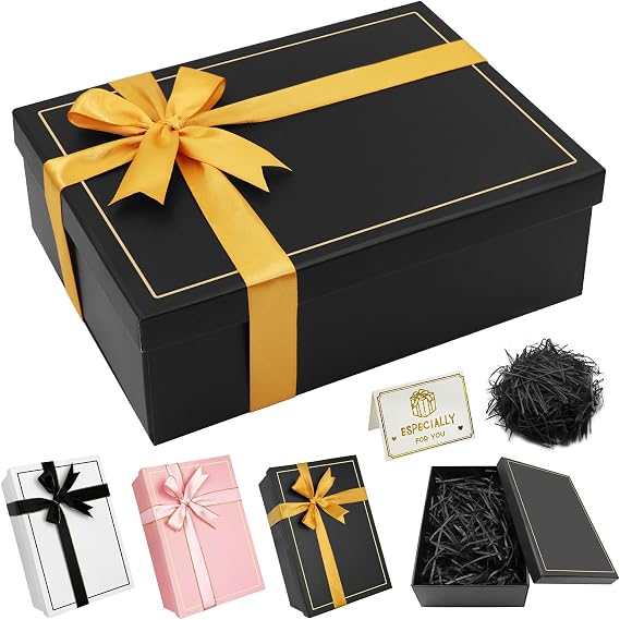 Black Gift Box, Gift Box with Lid 25x18.5x8.8cm with Lids & Ribbon | Gift Boxes Large Closure Party Present Boxes Designed for Christmas, Weddings, Valentine's Day, Present Birthdays