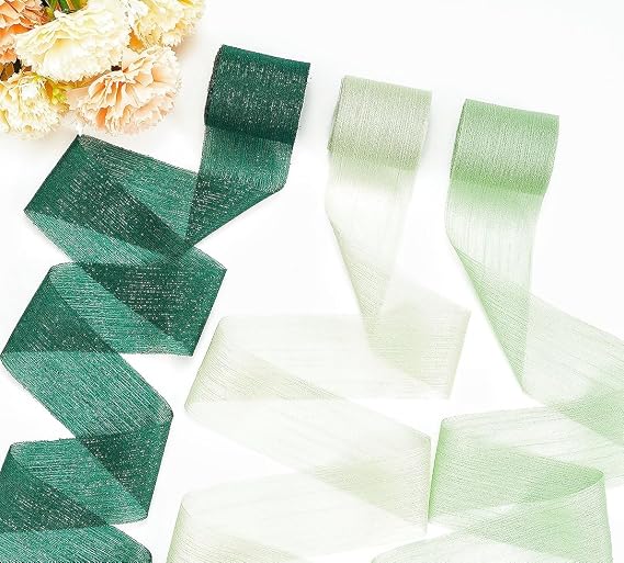 3 Roll 1.5In Wide 16Yd Green Crinkle Silk Ribbon Handmade Fabric Chiffon Ribbon for Bridal Bouquet Gift Wrapping Invitation Home Decor DIY Crafts Christmas