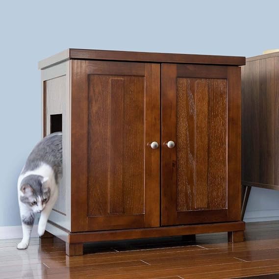 THE Refined Feline Cat Litter Box Enclosure Cabinet, Shaker, Mahogany Brown, Square Feet, Large, Hidden Litter Cat Furniture with Drawer