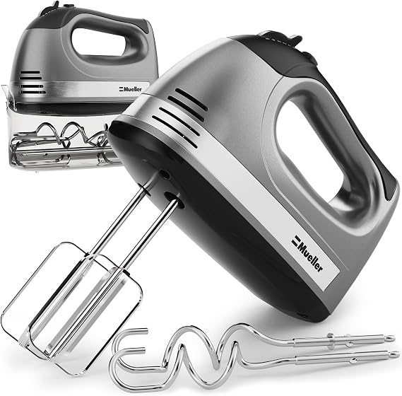 Mueller Electric Hand Mixer, 5 Speed with Snap-On Case, 250 W, Turbo Speed, 4 Stainless Steel Accessories, Beaters, Dough Hooks, Baking Supplies for Whipping, Mixing, Cookies, Bread, Cakes, Silver