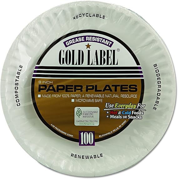 AJM Packaging CP9GOEWH Gold Label Coated Paper Plates, 9-Inch dia, White, 100/Pack, 10 Packs/Carton | White, 100/Pack, 10 Packs/Carton, Microwavable