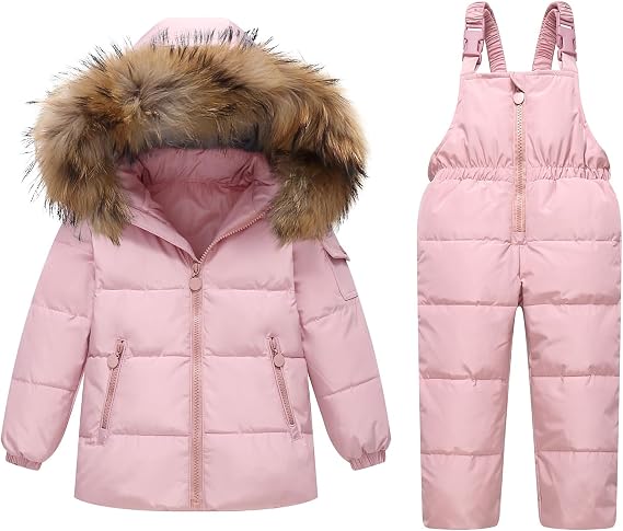 JiAmy Kids 2 Piece Snowsuit Set Girl Winter Hooded Puffer Jacket & Snow Bib Pants Boy Ski Suits(1-12Y)