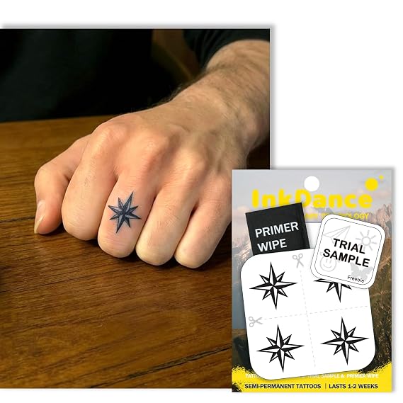 Semi-Permanent Tattoo, Tiny Compass Rose, North Star, Long Lasting Temporary Tattoos, Waterproof Plant-Based Ink, Lasts 1-2 Weeks, Color Develops in 24 Hours MNF090, Set of 4