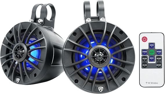 Pair Rockville PT525BR 5.25" Powered Marine Bluetooth LED Tower Speakers ATV/UTV | for UTV, 270W Peak / 90W RMS, IPX6 Waterproof, 3.5mm AUX, RGB Remote, Class D Amp, Shockproof, RCA Output, 2-Way