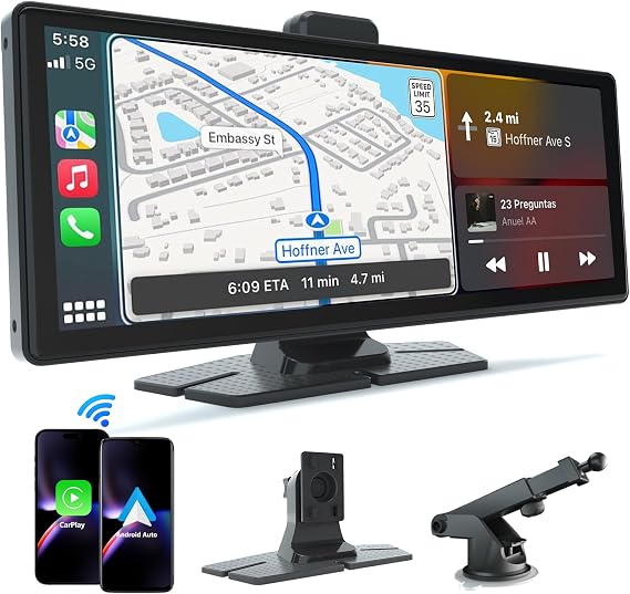 10.26" HD Carplay Screen for Car, Portable Wireless Apple Android Auto Carplay Stereo Car Audio Receivers with Voice Control, Backup Camera, Mirror Link, Bluetooth, GPS Navigation