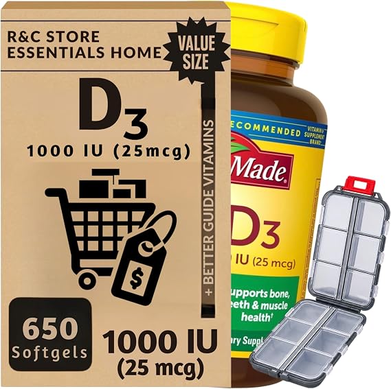Vitamin D3 25mcg (1000 IU) | 650 Softgels 22 Month Supply | Vitamin D + Essential Vitamins & Dietary Supplements Guide by ChloeC Store Bone, Teeth & Muscle and Immune Health Support
