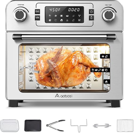 6-in-1 Large Toaster Oven, AOBOSI 1700W Multi-Function 23Qt Air Fryer Convection Toaster Oven Countertop Rotisserie & Dehydrator for Chicke, Pizza and Cookies, 6 Accessories & Recipes Included (24QT)