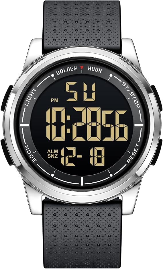 GOLDEN HOUR Sports Watch Ultra Thin Minimalist Waterproof Digital Watches for Men with Wide Angle Metal Case Bright Display Rubber Strap Watch for Men/Women